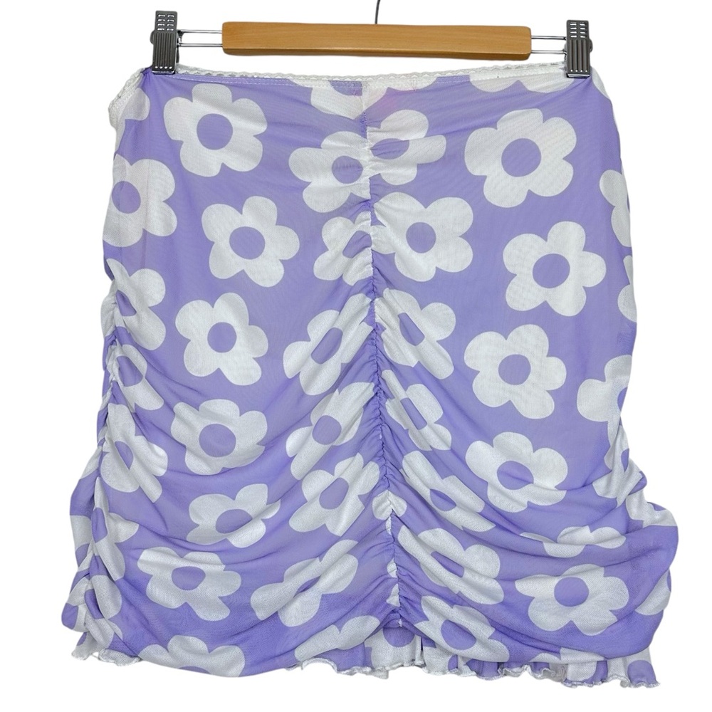 Sugar Thrillz Floral Pollen In Love Stretchy Sheer Mesh Ruched Mini Skirt Lilac - Picture 7 of 12